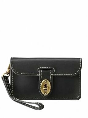 Fossil Austin Wristlet Black Leather Turn Lock Clutch Women Vintage Minimalist